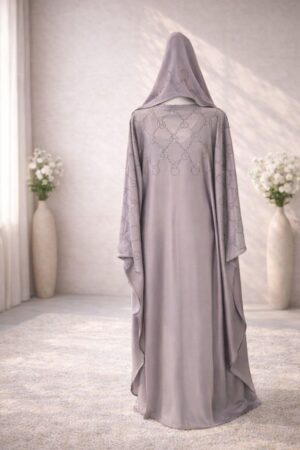 Amani Abaya in Dusty Lavender, tiktoc abaya with silver diamond lattice stonework and soft flowing drape
