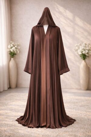 Elara Abaya in Chocolate Mocha, pleated open-front abaya with subtle satin finish and refined structure