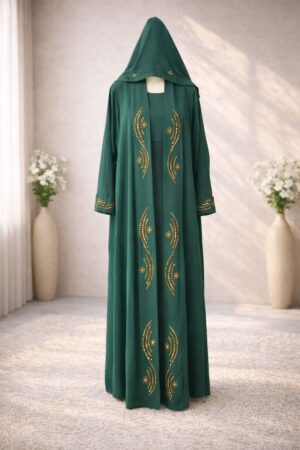 Layali Abaya in Cypress Green, open-front nida abaya with coordinated beadwork detailing and integrated scarf-style drape