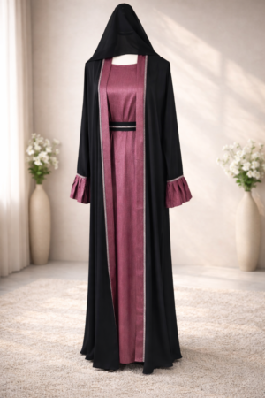 Layan Abaya with black tiktoc outer and mauve zoom silk inner
