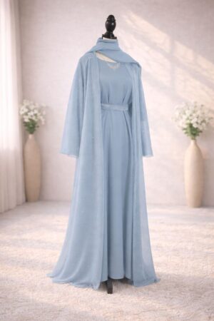 Noore Abaya in Sky Mist, organza abaya with delicate micro stonework and smooth nida inner dress